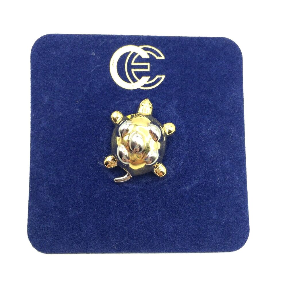 CE Signed Silver Gold Two Tone Turtle Lapel Hat Pin Brooch 7/8" Long NEW